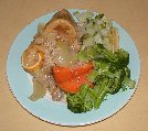 Paul's plate of chicken, quinoa, yam, cauliflower greens and broccoli