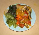 Paul's plate of Tomato Chicken with yam, beet greens, and broccoli