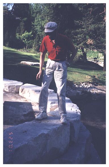 Tom on tippy rock at Edwards Garden