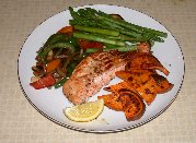 Marinated Salmon with Peppers & Onions, Asparagus and Yam Chips