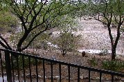 Water runs down wash on east side of house