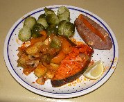 Poached Achiote Salmon and Vegetables with baked yam and brussel sprouts - Paul's plate